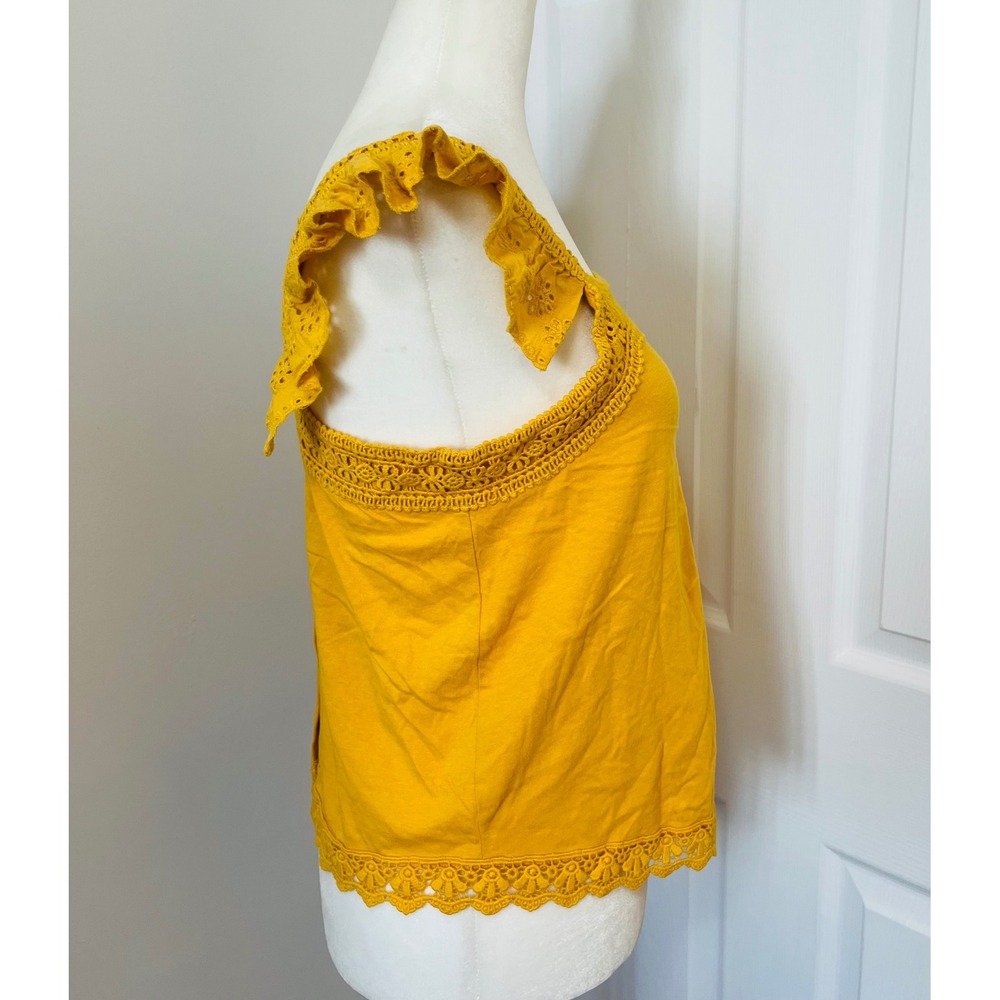 George Eyelet Tank Top Ruffle Sleeve Crochet Trim Yellow XS - Picture 4 of 7